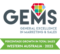 Percentage Growth In Total Sales - Western Australia - Sales 2023, GEMS (General Excellence in Marketing & Sales) award badge