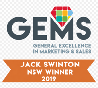 Jack Swinton NSW Winner 2019, GEMS (General Excellence in Marketing & Sales) award badge