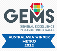 Australasia Winner Metro 2022, GEMS (General Excellence in Marketing & Sales) award badge